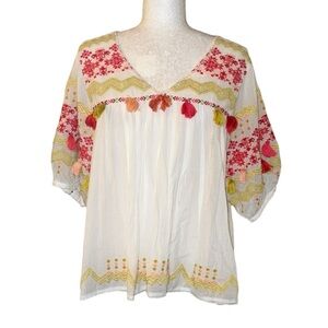 Sundance Ellora White Coral Pink Orange Embroidered Tassel Puff Sleeve Top - M